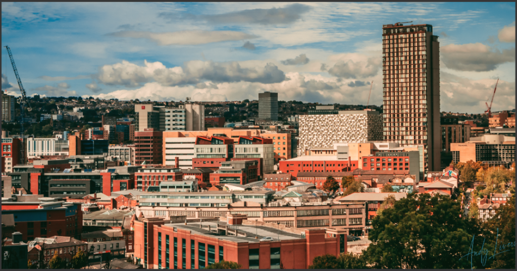 The Sheffield Skyline with warm tones, a blue sky, and trees in the foreground